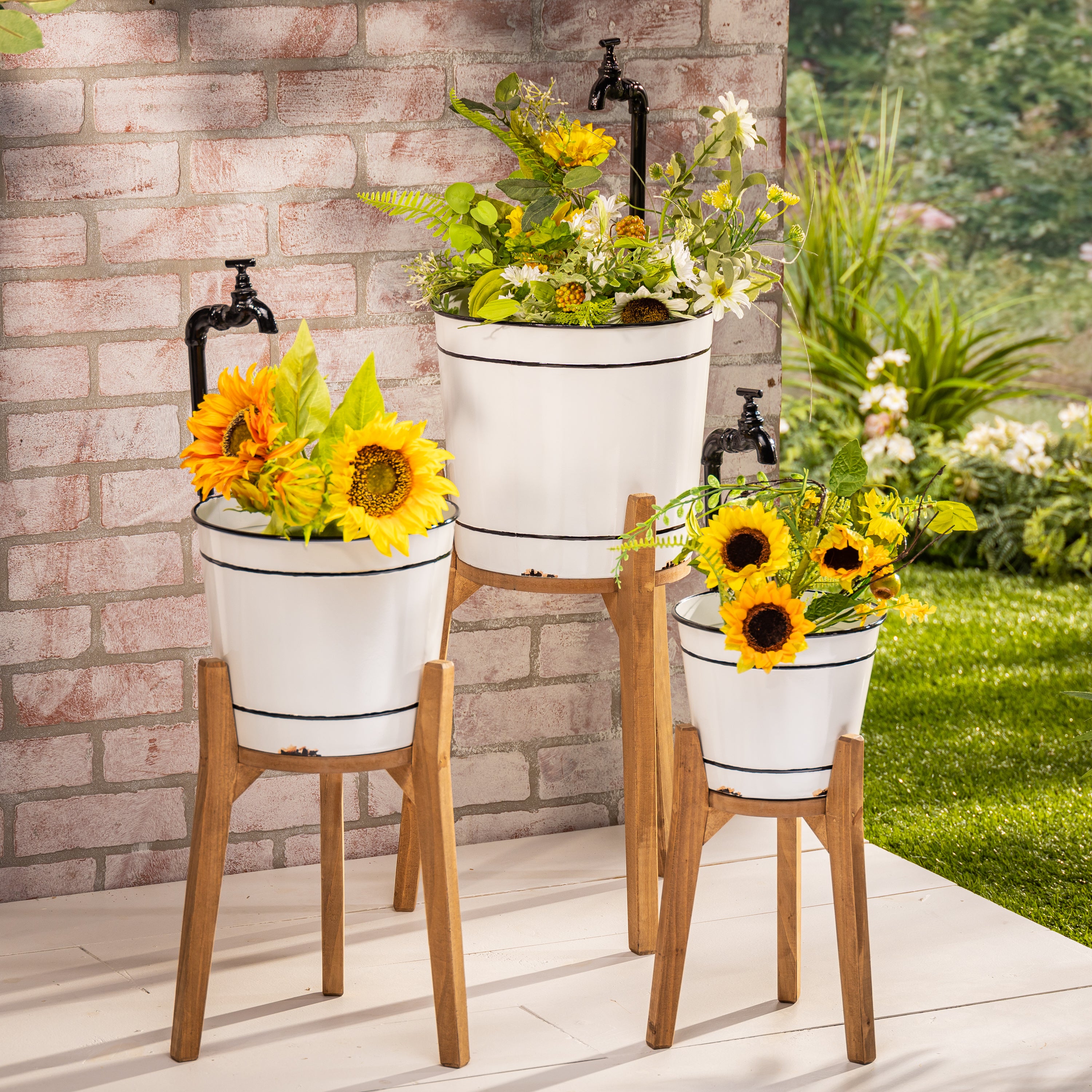 Set of 3 Rustic Metal Faucet Planters with Wooden Stand